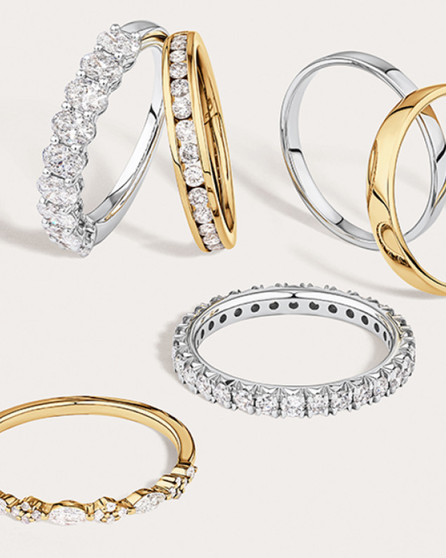 various wedding ring styles in yellow and white gold